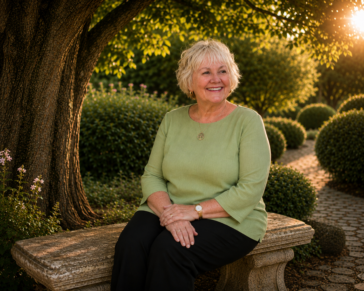 Sharon Hess seated peacefully beneath a tree