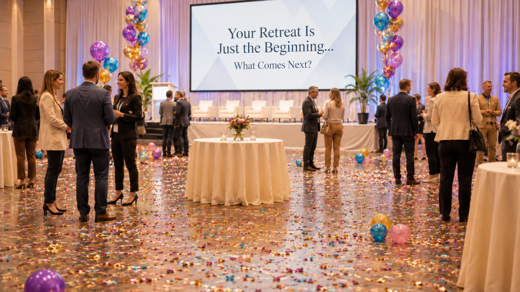 Guests connecting after an event beneath a screen reading Your Retreat Is Just the Beginning... What Comes Next?